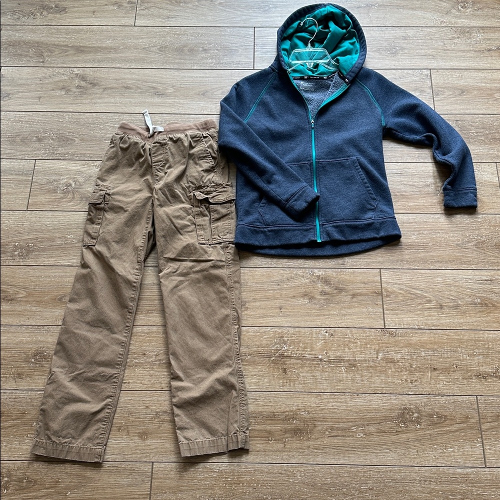 Set: Lands End Tan Drawstring Cargo Pants & TekGear Blue Hooded ZipUp Size 10-12